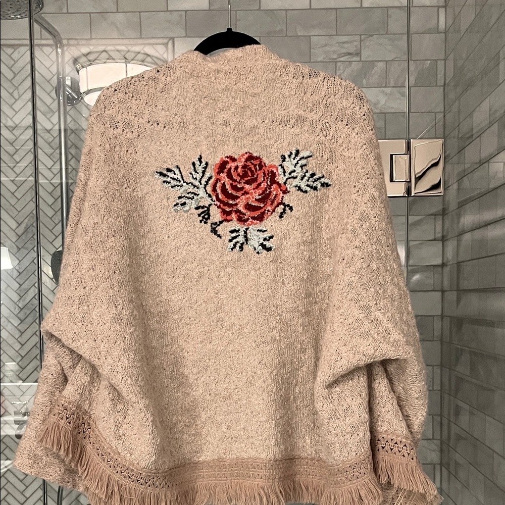 Ellie Mae Beige sweater Poncho with Fringe
